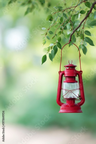 a red lantern hangs from a tree branch in a green garden, with a blurred background of sunlight, summer nature, and a sunny day.
