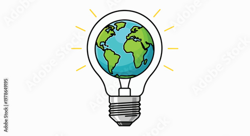 A minimalist illustration of a lightbulb with the Earth inside, symbolizing eco friendly and sustainable lifestyle concepts against a clean white background with a simple, graphic style.