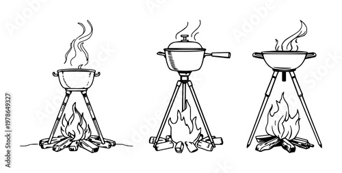 Cast iron cooking tripod set with sketchy black line art over fire featuring line art, combustion, cookware with ornamental detail and simplicity