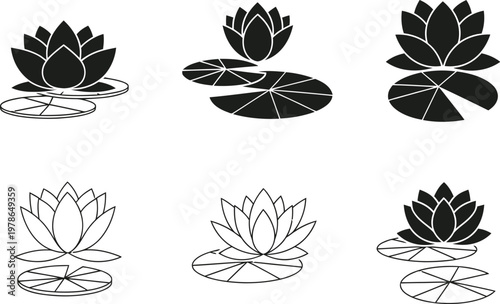Elegant black and white botanical illustration of lotus flowers and lily pads in varied arrangements