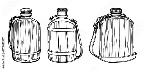 Canteen set with hand-drawn line art, vintage wooden canteen with strap, white background and grayscale rendering featuring canteen, strap, wood texture with illustration and vector