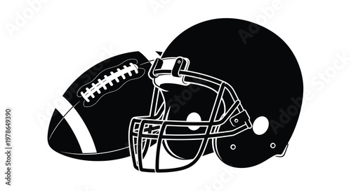 American football helmet and ball in a black and white illustration