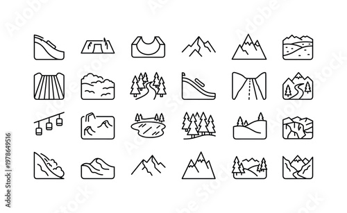 Snowboard binding environments with snowy slopes terrain parks alpine areas resorts and winter landscapes clean monoline outline