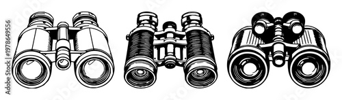 Binoculars set with hand-inked line art design featuring vintage optics, spy gear, exploration equipment with magnification and observation tools