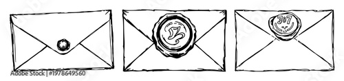 Wax seal set with rough sketchy illustration of a weathered envelope on white background featuring wax seal, envelope, hand-drawn art with texture and aged paper