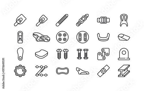 Snowboard binding parts with straps buckles highbacks baseplates discs and structural components clean monoline outline icon set