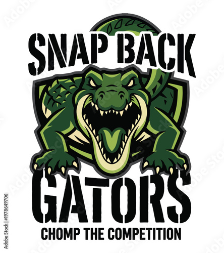 Aggressive green alligator mascot roaring with teeth bared and text that says snap back gators chomp the competition 