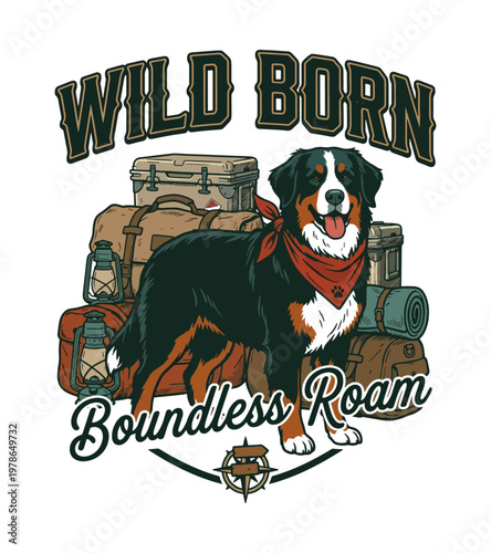 Bernese Mountain Dog with Red Bandana Ready for Adventure Standing Among Vintage Luggage and Lanterns with Inspirational Text About Roaming vintage retro t shirt design