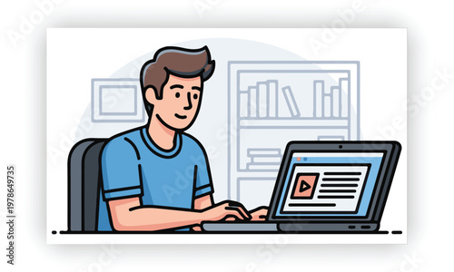 Young man student study at home using laptop and learning online vector icon