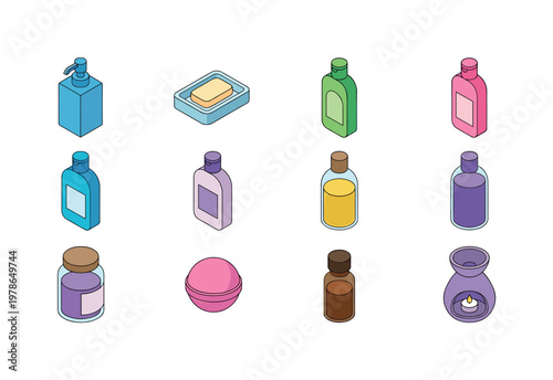 Soap dispenser, soap dish, shampoo bottle, conditioner bottle, shower gel bottle, body lotion bottle, bath oil bottle, bubble bath