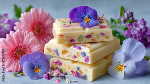 White chocolate bark embedded with dried edible flowers, flat lay, textured background --chaos 10 --ar 16:9 --profile 6oi1c3h x1z2zh7 2iv4asb --stylize 500 --v 7 Job ID: b060fcaf-5781-4771-891c-95477c