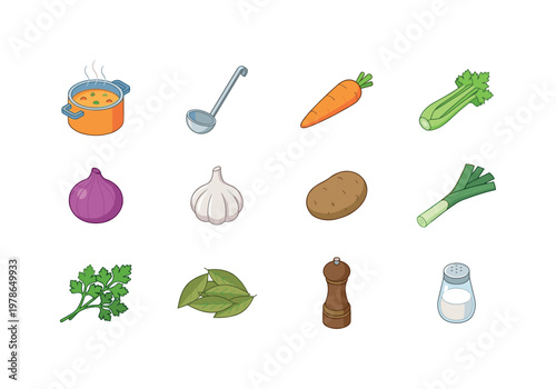 Collection of ingredients and tools for making soup