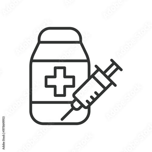 Vaccination, icon in line design. vaccination, immunization, vaccine shot, syringe, medical injection, disease prevention, medicine bottle on white background vector. vaccination editable stroke icon