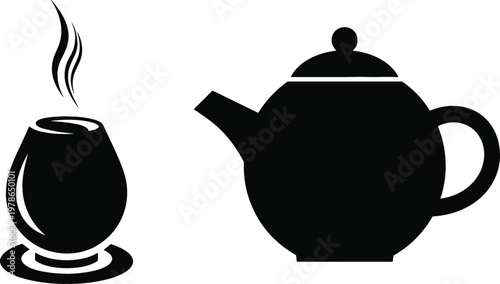 Black silhouettes of steaming teacup on saucer and teapot for kitchen and beverage vector design projects