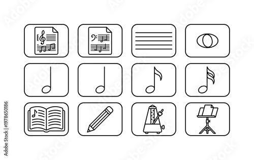 A music practice arrangement with a treble clef sheet, bass clef sheet, music staff, whole note, half note, quarter note, eighth