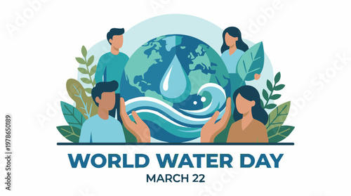 World Water Day illustration featuring people, Earth, and water drop