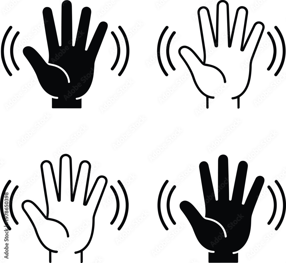 Fototapeta premium Waving hand icon variations with motion lines flat vector illustration for greeting communication interaction and user interface design