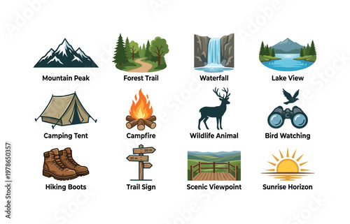 Nature tourism exploration with mountain peak, forest trail, waterfall, lake view, camping tent, campfire, wildlife animal, bird