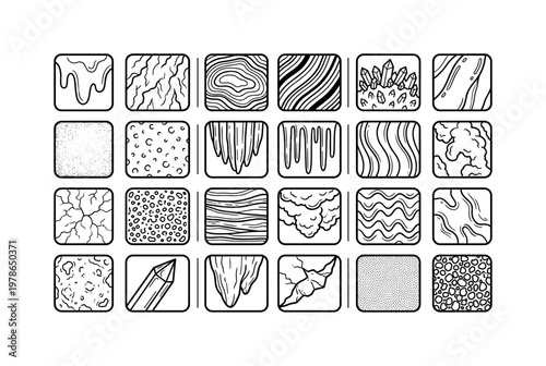 Stalactite surface textures with mineral layering, drip patterns, ridges, grooves and crystal growth details clean monoline