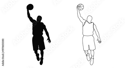 Two basketball players depicted in silhouette preparing to shoot or dunk