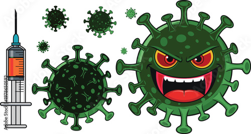 Angry Green Virus Character with Sharp Teeth and Syringe Illustration for Medical Vaccination Campaigns Pandemic Awareness Healthcare Education and Creative Disease Prevention Graphics