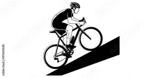 Cyclist riding bicycle on inclined path.