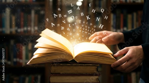 Unveiling the Magic of Knowledge: A Book and Its Secrets. A person reading an old book with flying letters representing the power of reading and knowledge