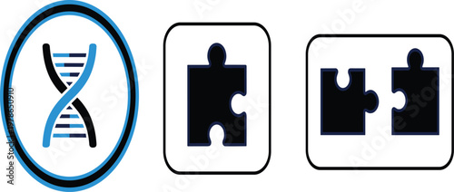 DNA Helix and Jigsaw Puzzle Piece Icon Set for Genetic Research Biotechnology Problem Solving Scientific Discovery and Medical Solution Concept Graphics