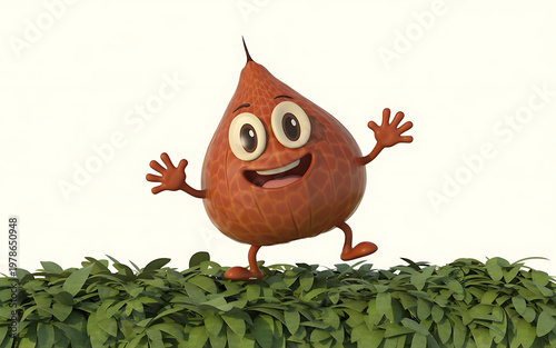 Cheerful sweet potato character waving in a lush green garden