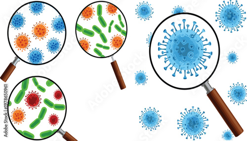 Microscope Magnifying Glass View of Viruses and Bacteria Set for Medical Research Science Education Laboratory Analysis Healthcare Diagnostics and Disease Prevention Graphics