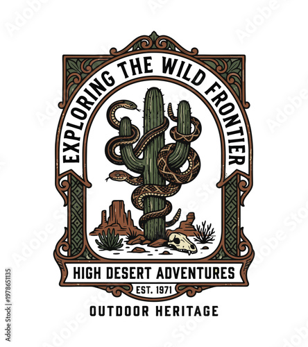 Intricate illustrative emblem showcasing a coiled rattlesnake entwined around a saguaro cactus with desert landscape and skull details vintage retro t shirt design