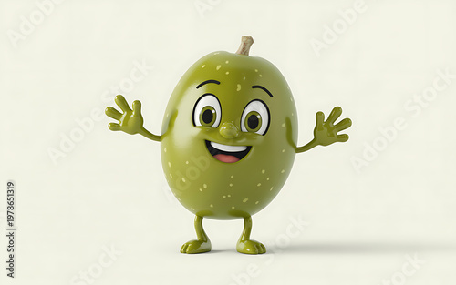 Cartoon avocado character with arms and legs smiling and waving