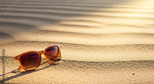 Brown sunglasses on sandy beach at sunset with shadows