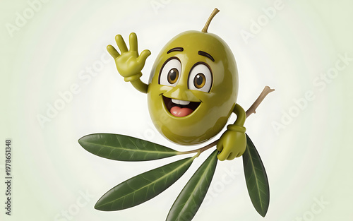 Waving olive cartoon character a friendly and playful green fruit mascot