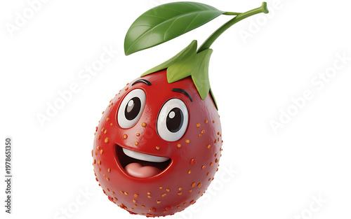 Cartoon strawberry character with a playful expression