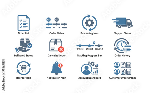 Order management and tracking with order list, order status, processing icon, shipped status, delivered status, canceled order,