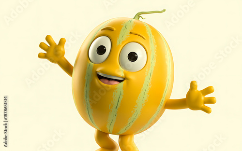 Cartoon cantaloupe character waving with joyful expression