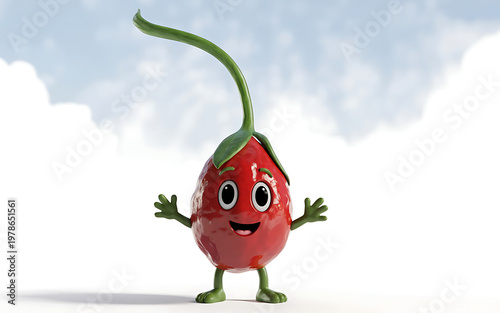 Cartoon cherry character with a smiling face and waving arms