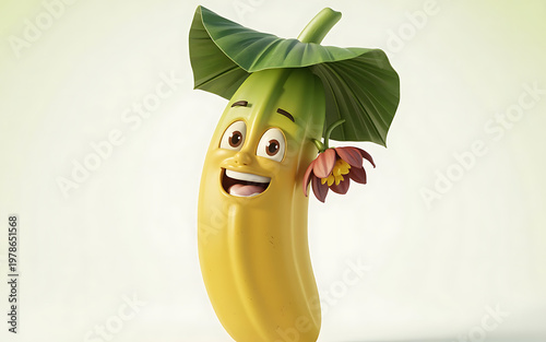 Cheerful banana character with a leaf umbrella a whimsical digital illustration