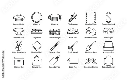 Glass terrarium accessories with lids, clips, hanging chains, decorative stones, moss, and maintenance tools clean monoline