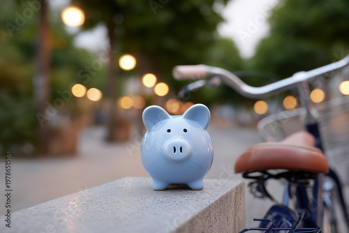 Blue piggy bank with a bicycle in the blurred background, savings for travel and summer vacations
