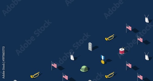 Memorial day title page of isometric loop animation on dark blue geometric background
