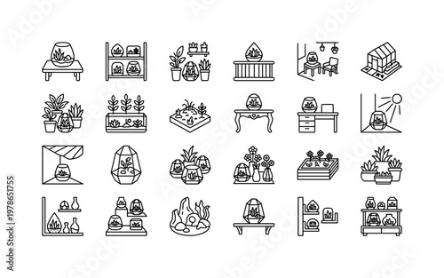 Glass terrarium environments with indoor plant areas, table tops, shelves, patios, balconies, and greenhouses clean monoline