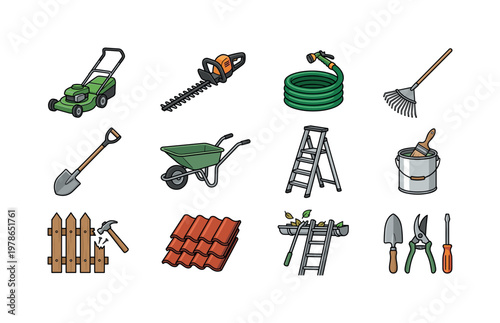 Outdoor maintenance and repair with lawn mower, hedge trimmer, garden hose, rake, shovel, wheelbarrow, ladder, paint bucket, fence