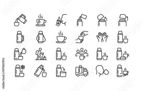 Thermos usage with drinking pouring carrying heating and outdoor beverage activities clean monoline outline icon set showing