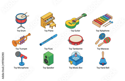 Toy drum, toy piano, toy guitar, toy xylophone, toy trumpet, toy flute, toy tambourine, toy maracas, toy microphone, toy speaker,