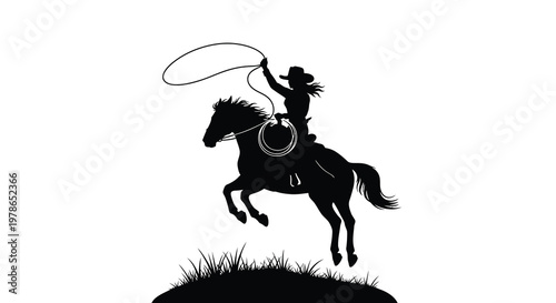 Silhouette of a cowgirl on horseback skillfully wielding a lasso