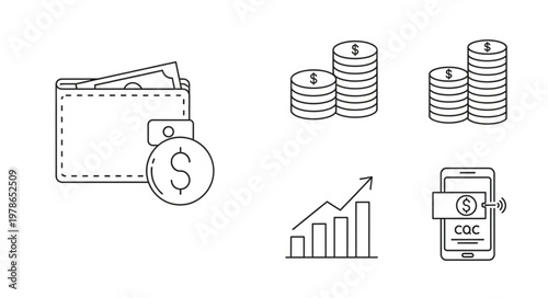Set of financial icons depicting wallet coins chart mobile.