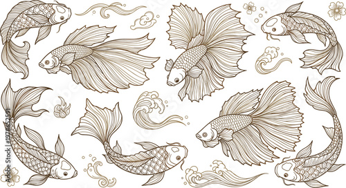 Elegant Betta Fish Line Art Illustration Set with Flowing Fins, Decorative Waves, and Floral Elements for Asian Inspired Aquatic Design