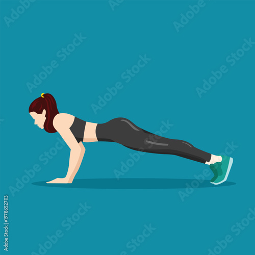 Woman performing a plank exercise on a turquoise background, demonstrating fitness and strength
